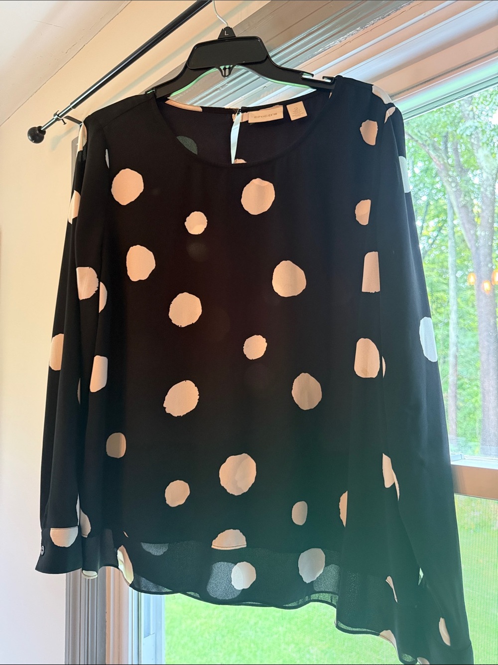 Chico's Black Blouse with Cream Polka Dots